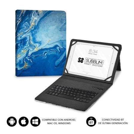 Funda con teclado subblim keytab pro bluetooth para tablets de 9"-11"/ marmol azul