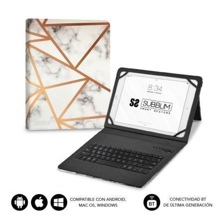 Funda con teclado subblim keytab pro bluetooth para tablets de 9"-11"/ marmol blanco