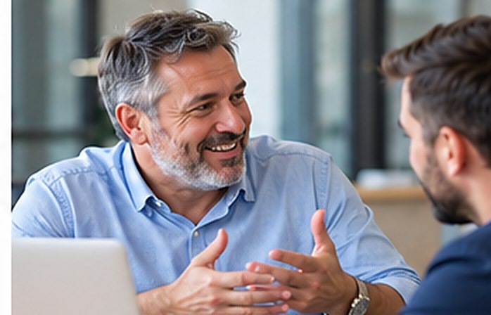 Dos profesionales conversando y colaborando en su trabajo