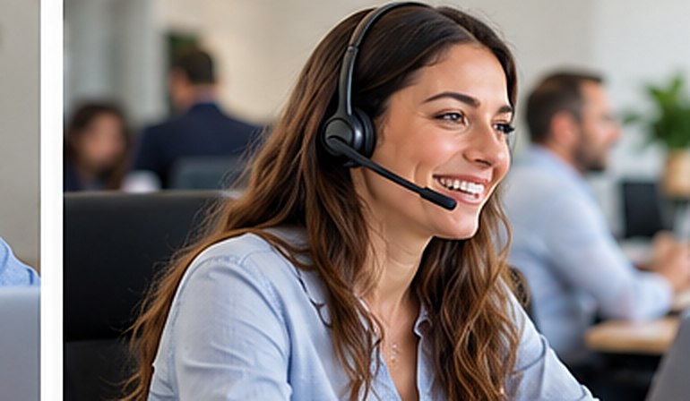 Profesional atendiendo llamadas mediante auriculares con micrófono